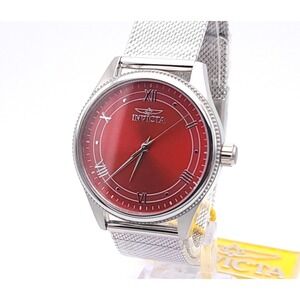 Invicta Celestial 48488 Womens Quartz Watch Red Roman Dial Silver Mesh Band
